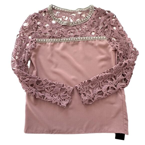 Choices Top Mauve Lace Crochet Long Sleeve Chiffon Blouse Top Size Small NEW - Picture 8 of 12